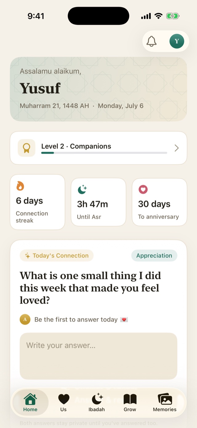 The Sakeena home screen: a warm greeting, the day in the Hijri and Gregorian calendars, your relationship level, prayer-time countdown, and today's shared Connection Card.